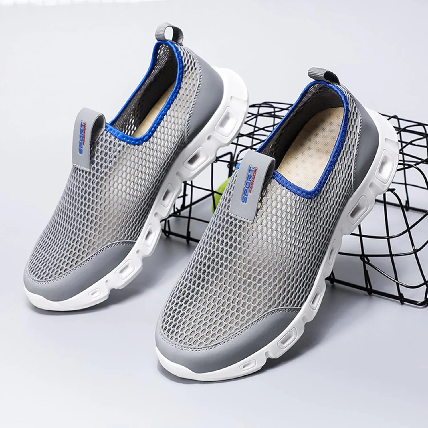 Men's Breathable Mesh Sports Shoes Convenient Slip On Hollow Sneakers Comfortable Walking Shoe Soft Elderly Shoes