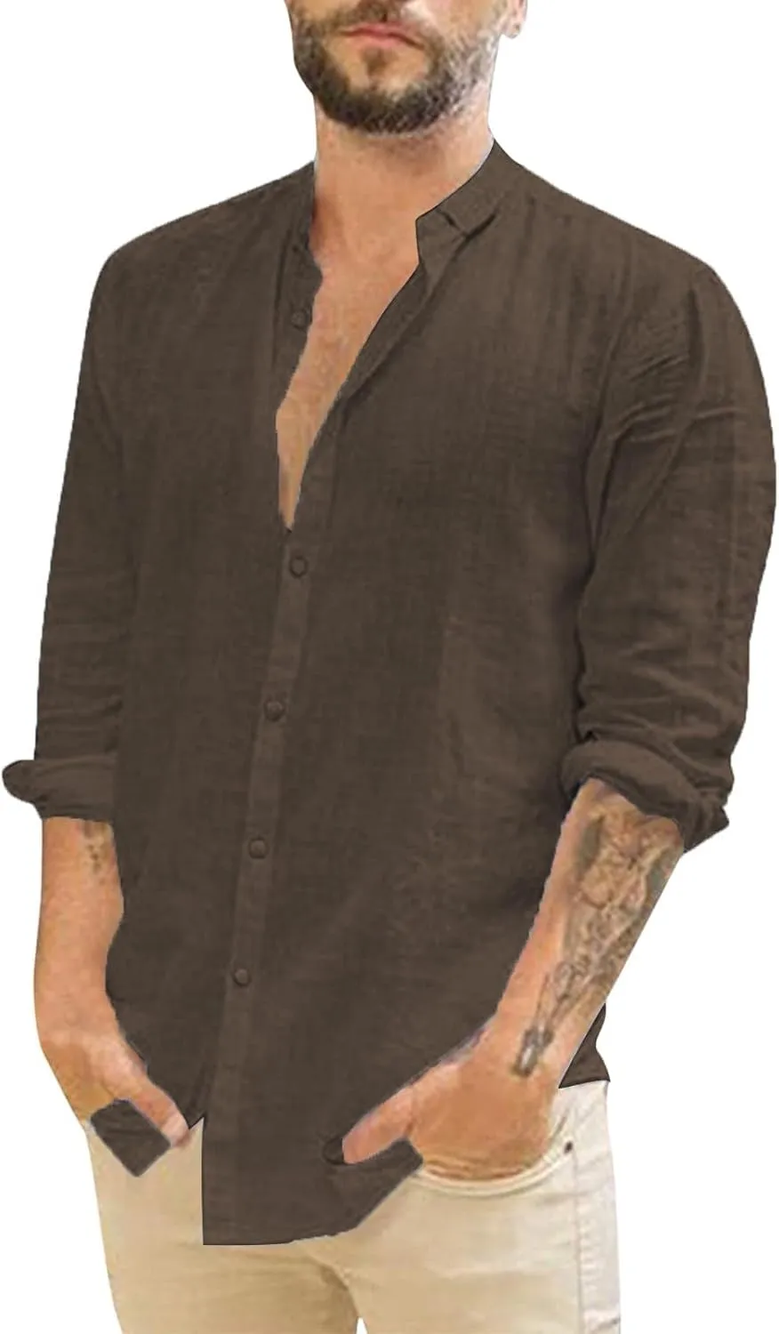Mens Button Down Linen Shirts Cotton Linen Casual Long Sleeve Untucked Shirts Lightweight Quick Dry Summer Beach Tops