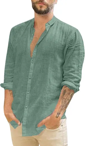 Mens Button Down Linen Shirts Cotton Linen Casual Long Sleeve Untucked Shirts Lightweight Quick Dry Summer Beach Tops