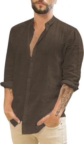 Mens Button Down Linen Shirts Cotton Linen Casual Long Sleeve Untucked Shirts Lightweight Quick Dry Summer Beach Tops