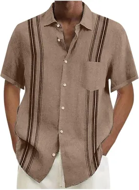 Mens Button Down Linen Shirts Short Sleeve Hawaiian Shirt Casual Shirt for Men Beach Summer Vacation Hippie Shirts