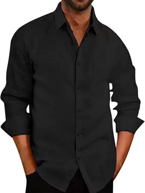 Mens Button Down Shirts Long Sleeve Linen Casual Breathable Muscle Fashion Tops Solid Summer Vacation Beach Blouses