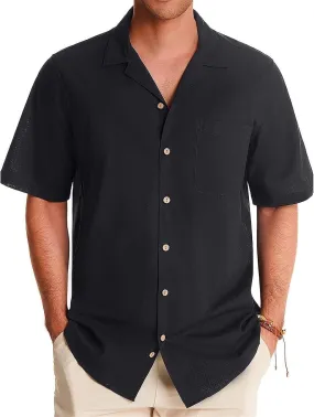 Mens Button Down Shirts Summer Casual Beach T-Shirts Short Sleeve V-neck Lapel Tops Solid Color Loose Comfy Tees
