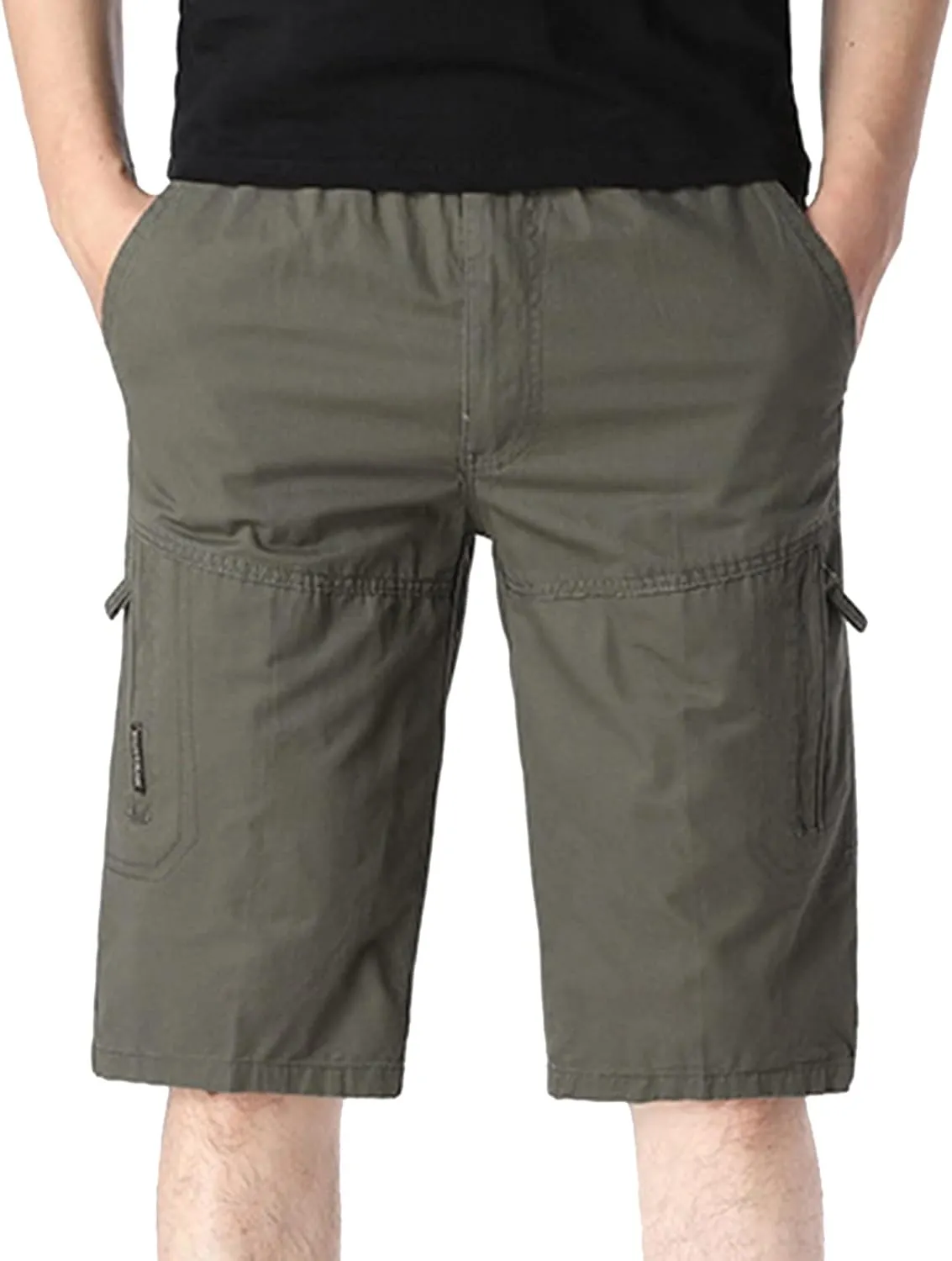 Mens Cargo Shorts Men's Elastic Waist Multi Pockets Work Shorts Knee Length Tactical Hiking Shorts Golf Shorts