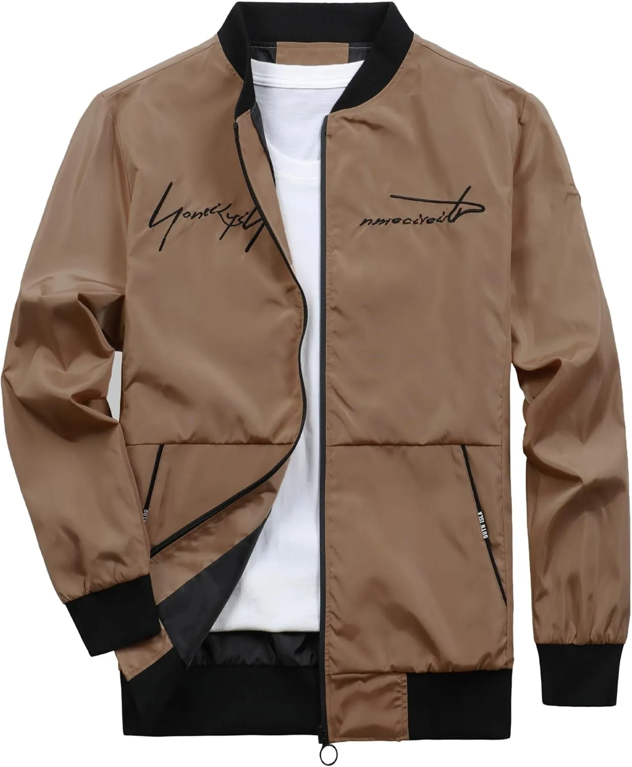 Mens Casual Coat Jacket, Long Sleeve Embroidered Bomber Jacket with Zipper, Anorak Windbreaker with Pockets
