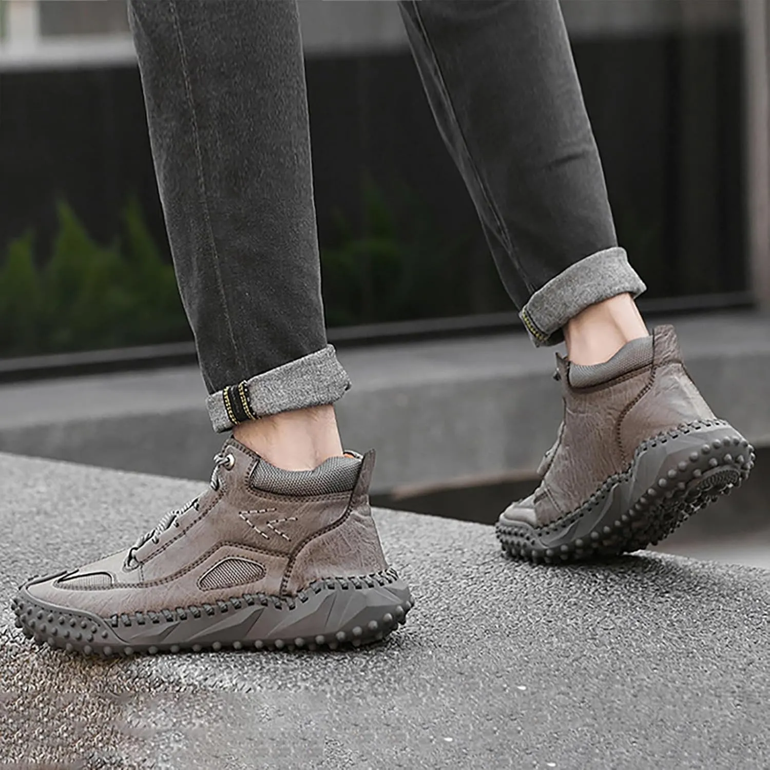 Men's Casual Shoes Flat Non Slip Outdoor Shoes High-Top Boots For Men Boys New PU Winter Spring Walking Shoes Fashionable Lace Up Boots