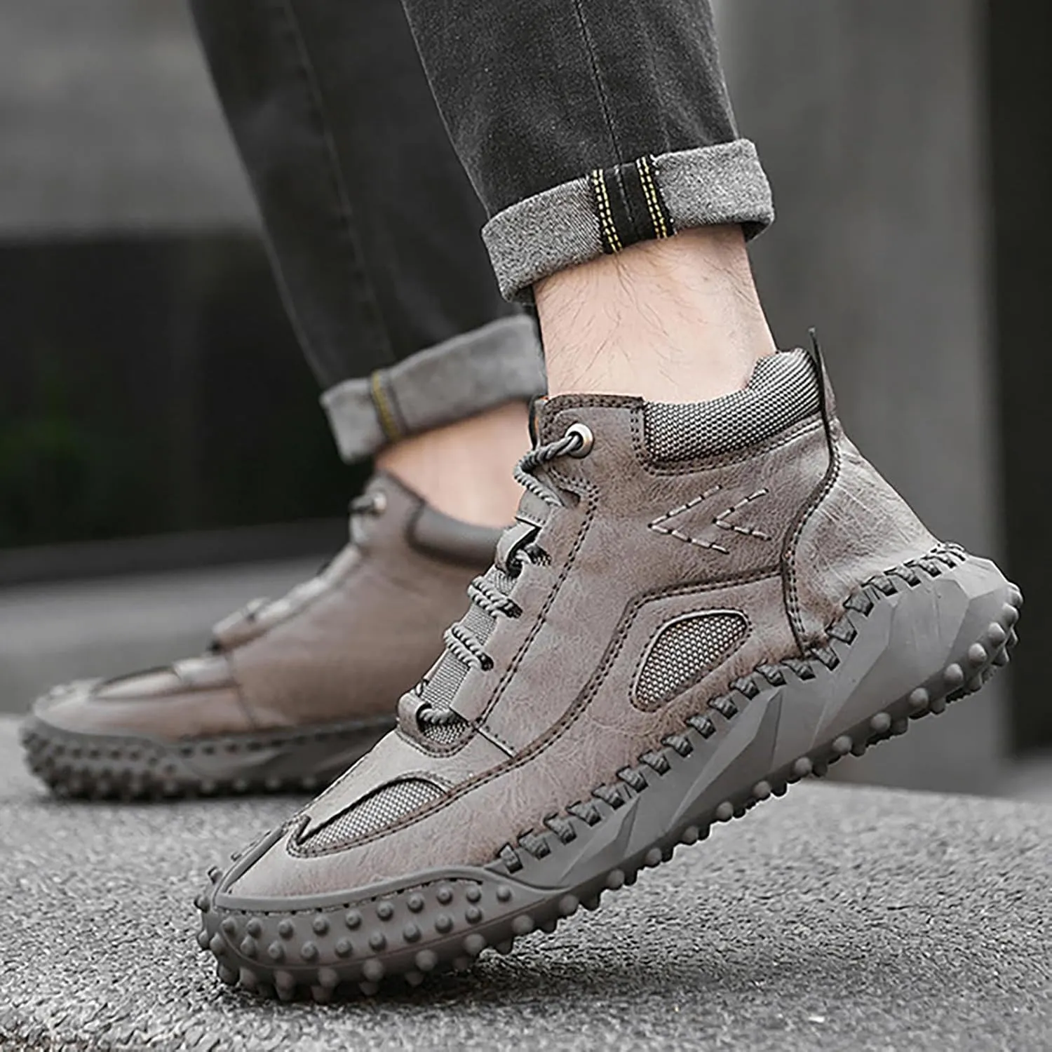 Men's Casual Shoes Flat Non Slip Outdoor Shoes High-Top Boots For Men Boys New PU Winter Spring Walking Shoes Fashionable Lace Up Boots