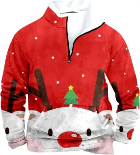 Mens Christmas Graphic Fleece Pullover Quarter Zip Xmas Holiday Casual Long Sleeve Sweatshirt Mens Country Jacket