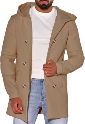 Mens Classic Trench Coat Wool Blend Cardigan Jacket Fleece Lined Long Business Overcoat Warm Hooded Double-Breasted Pea Coat