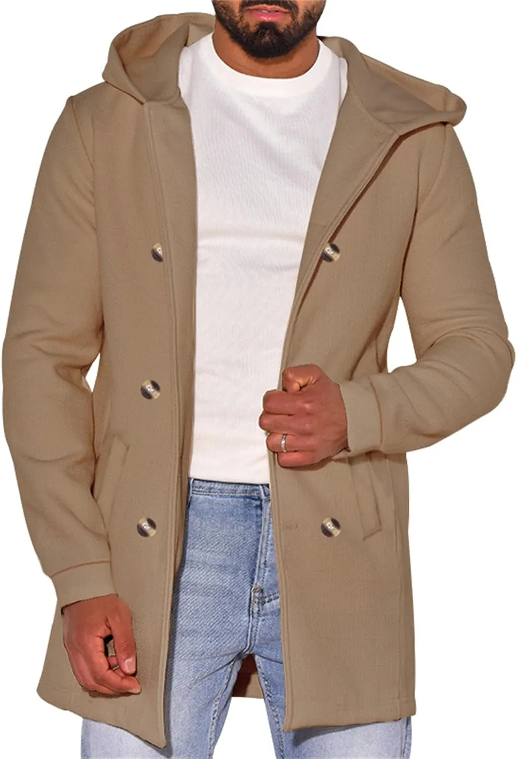 Mens Classic Trench Coat Wool Blend Cardigan Jacket Fleece Lined Long Business Overcoat Warm Hooded Double-Breasted Pea Coat