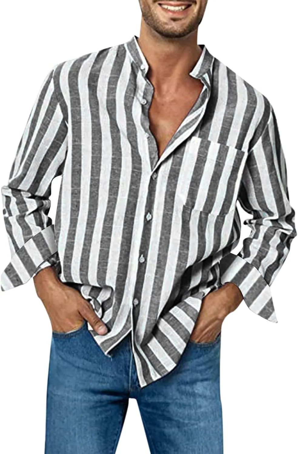 Mens Cotton Linen Henley Shirts with Hood Pocket Long Sleeve Shirt Top Loose Vacation Beach with Hood Mens