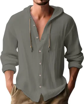 Mens Cotton Linen Shirts Casual Button Down Long Sleeve Hoodies Lightweight Summer Casual Hawaiian Beach Yoga Shirts
