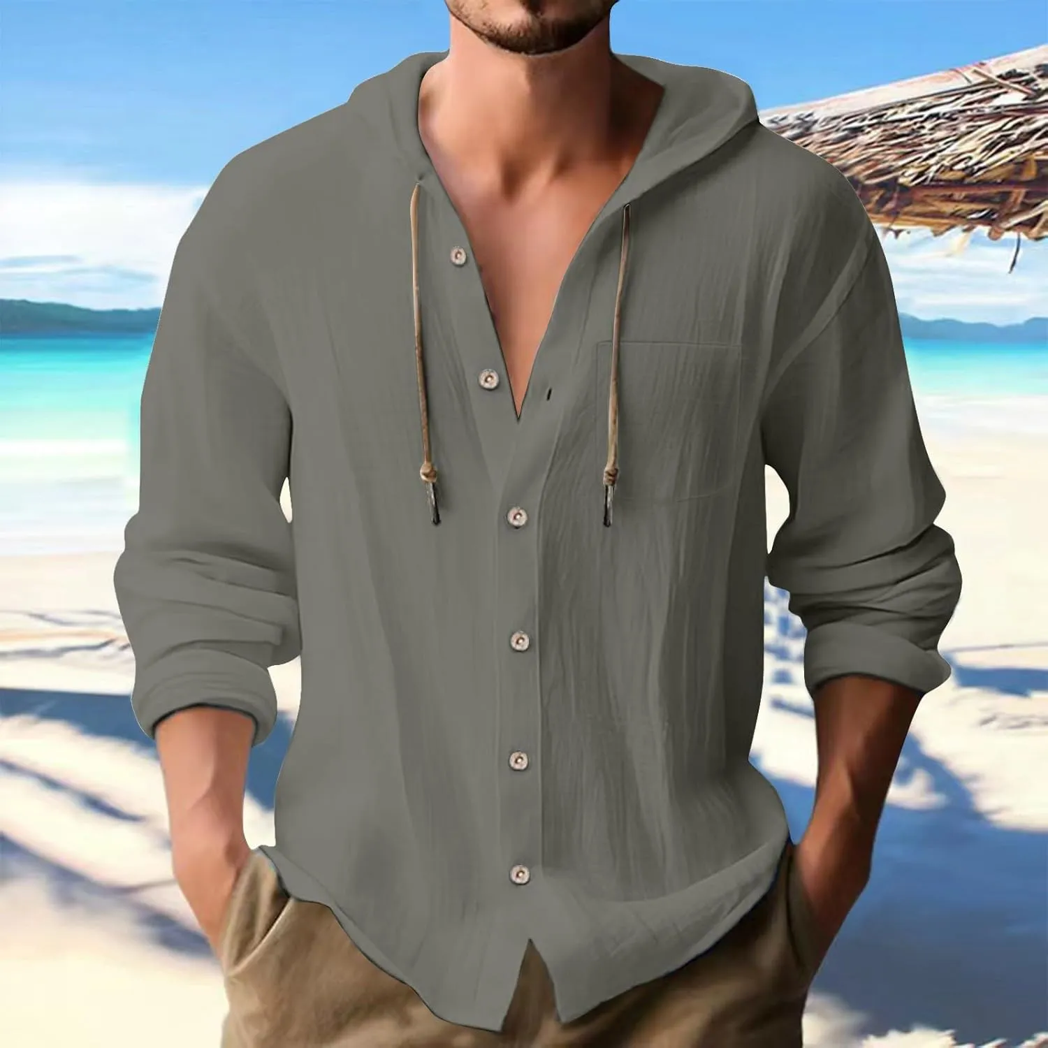 Mens Cotton Linen Shirts Casual Button Down Long Sleeve Hoodies Lightweight Summer Casual Hawaiian Beach Yoga Shirts