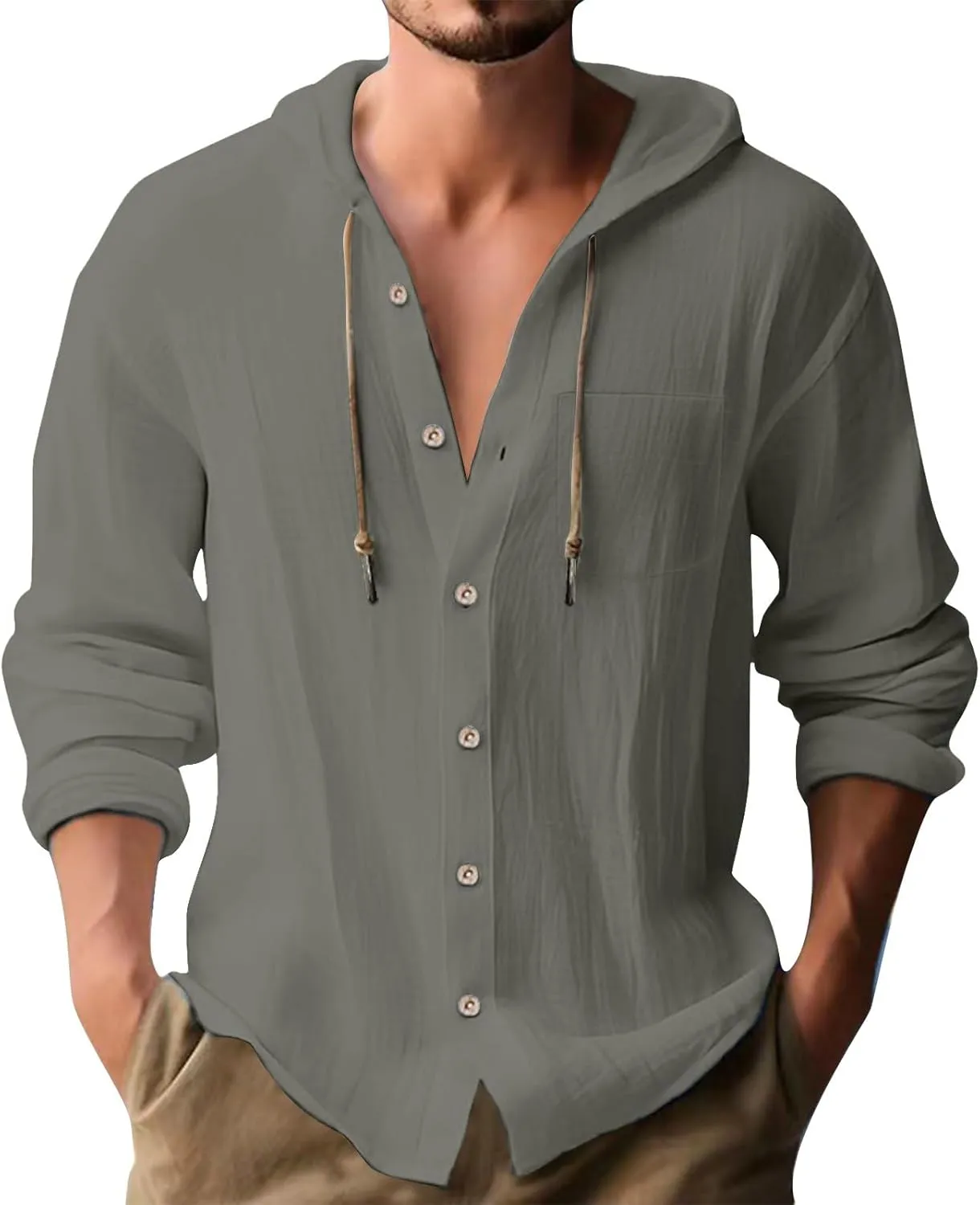 Mens Cotton Linen Shirts Casual Button Down Long Sleeve Hoodies Lightweight Summer Casual Hawaiian Beach Yoga Shirts