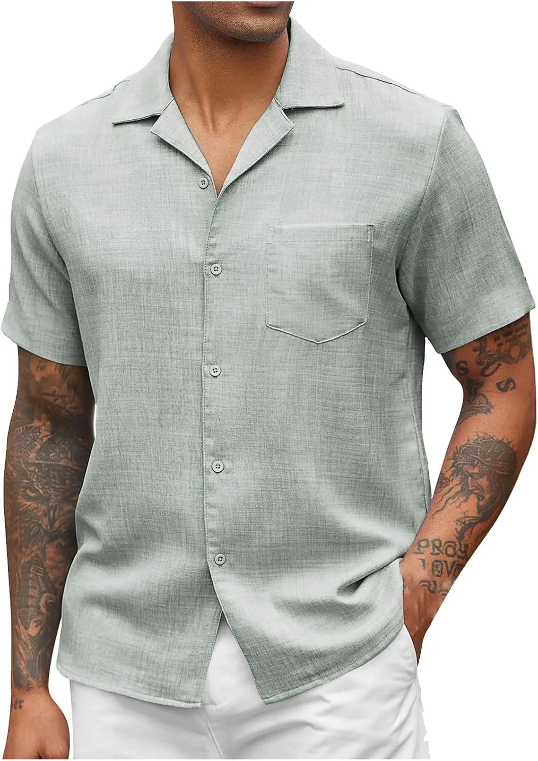 Men's Cotton Linen Short Sleeve Shirts Casual Textured Button Down Shirts Vacation Beach Summer Tops with Pocket