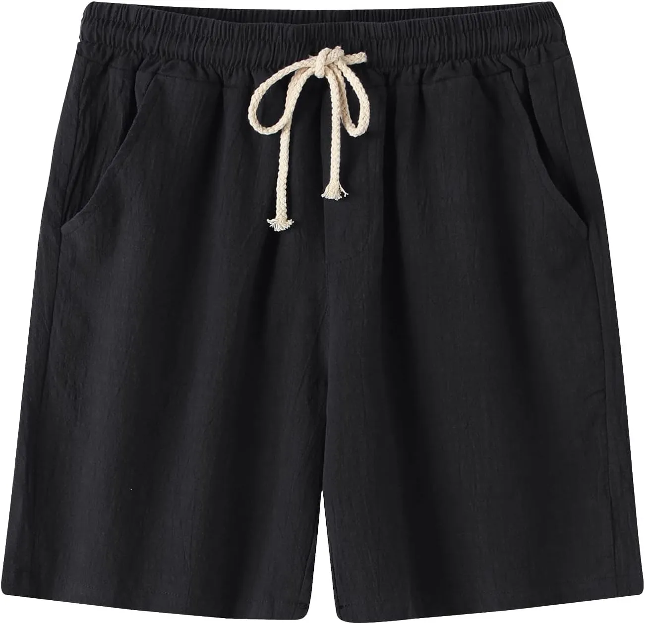 Mens Cotton Linen Shorts Casual Elastic Waist Drawstring Beach Shorts Lightweight Summer Golf Shorts Daily Shorts