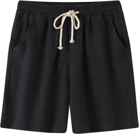 Mens Cotton Linen Shorts Casual Elastic Waist Drawstring Beach Shorts Lightweight Summer Golf Shorts Daily Shorts