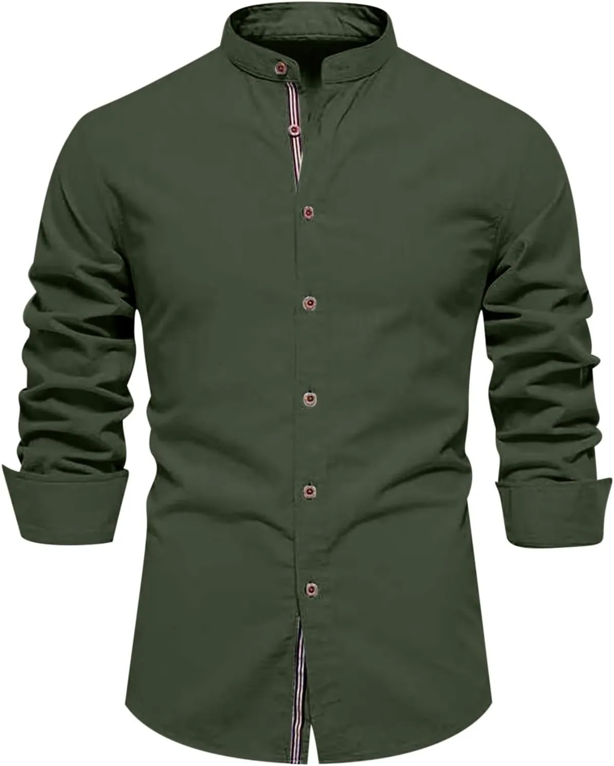 Men's Cotton Long Sleeve Business Shirts Casual Wrinkle Free Button Down Banded Collar Shirt Beach Soft Summer Tops
