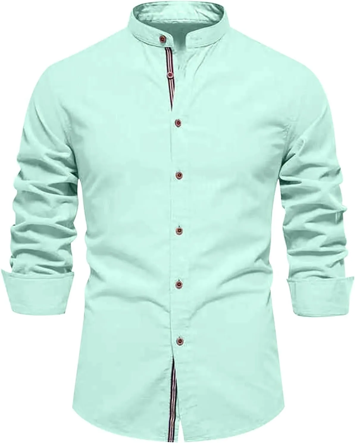 Men's Cotton Long Sleeve Business Shirts Casual Wrinkle Free Button Down Banded Collar Shirt Beach Soft Summer Tops