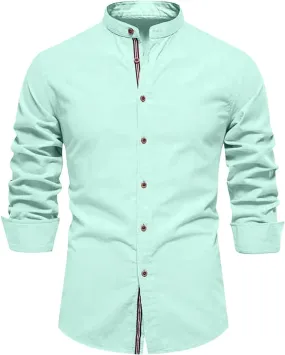 Men's Cotton Long Sleeve Business Shirts Casual Wrinkle Free Button Down Banded Collar Shirt Beach Soft Summer Tops