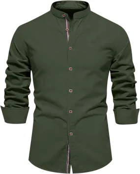 Men's Cotton Long Sleeve Business Shirts Casual Wrinkle Free Button Down Banded Collar Shirt Beach Soft Summer Tops