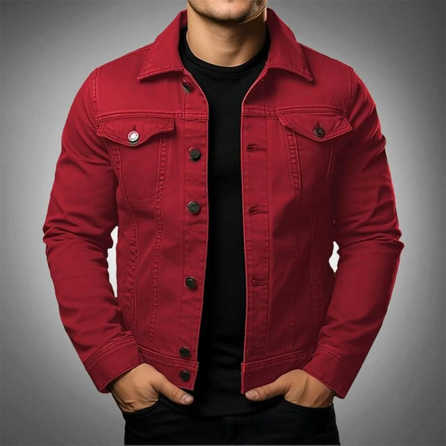 Mens Denim Jacket Casual Botton Down Jean Shacket Slim Fit Fashion Jean Coat Long Sleeve Jean Trucker Jacket Pockets