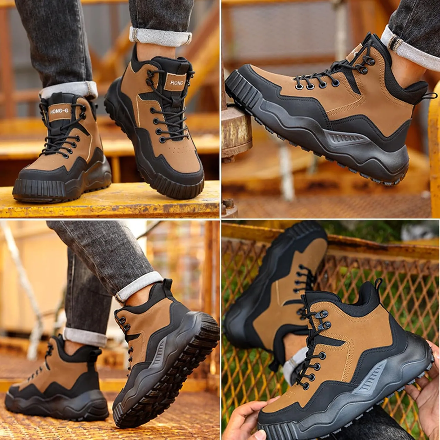 Men's Fashion Platform Lace-Up Hiking Boots Comfortable Anti-smash round toe waterproof Non-Slip Lightweight breathable Casual Ankle Boots for Hiking Walking Work Booties