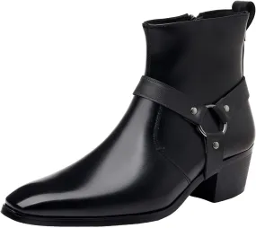 Men's Fashionable Ankle Shoes Low Zipper Thick Heel Boots Wooden Heel Pointed Toe Solid Color Leather Slip Boots Men