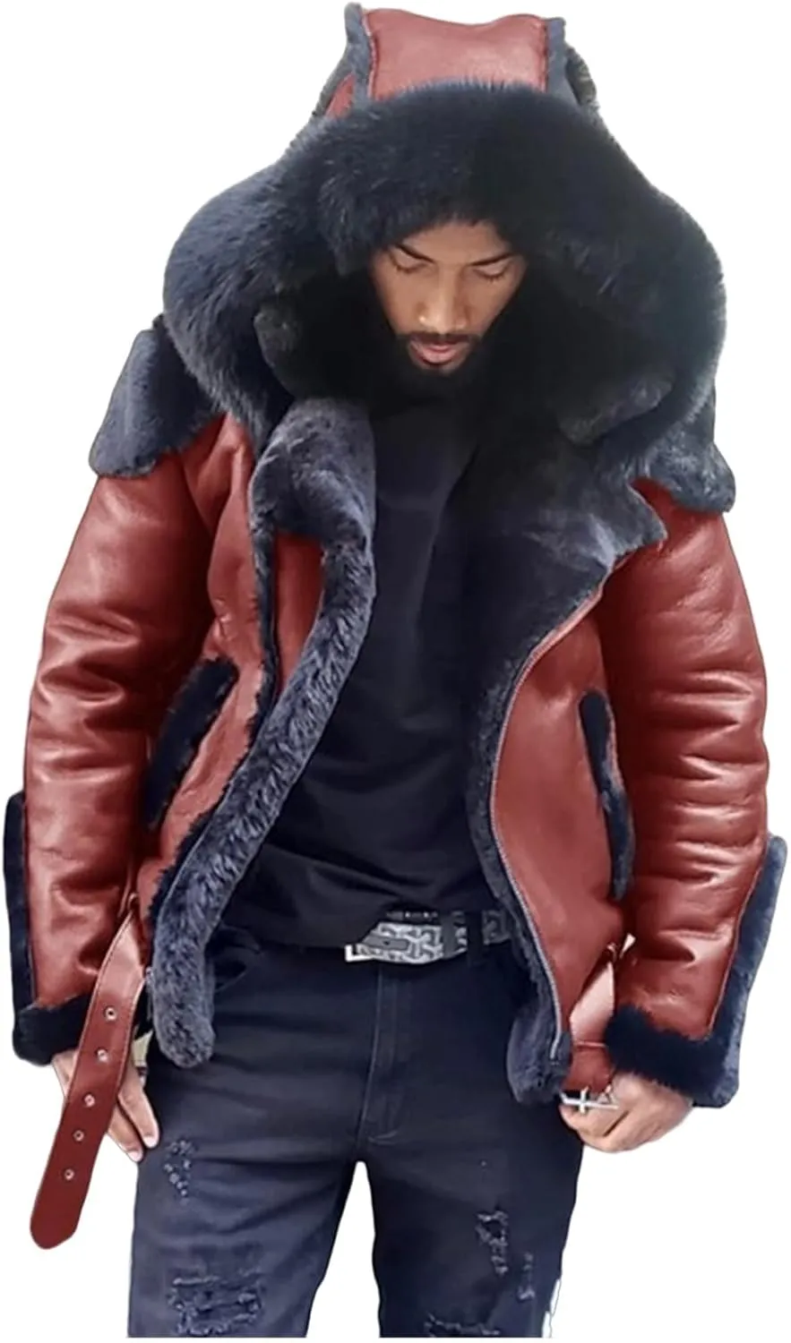 Men's Faux Leather Jacket Heavyweight Warm Winter Coats Hooded Windproof Zip-Up Motorcycle Bomber Jacket Overwear