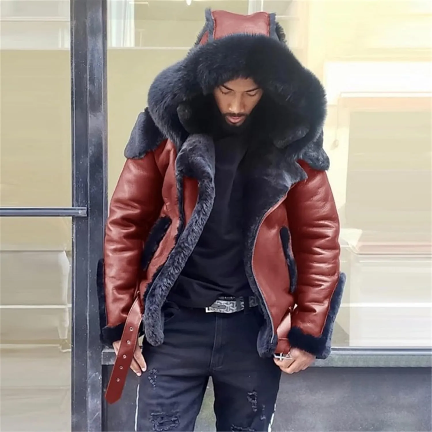 Men's Faux Leather Jacket Heavyweight Warm Winter Coats Hooded Windproof Zip-Up Motorcycle Bomber Jacket Overwear