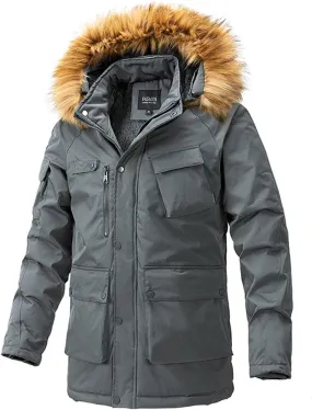 Men's Fleece Lined Parka Jacket with Fur Hood Warm Winter Trench Coats Long Windproof Windbreaker Overcoat