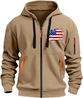 Mens Full Zip American Flag Print Hoodie Casual Long Sleeve Drawstring Shirt Comfy Patriotic Sweatshirts with Pockets