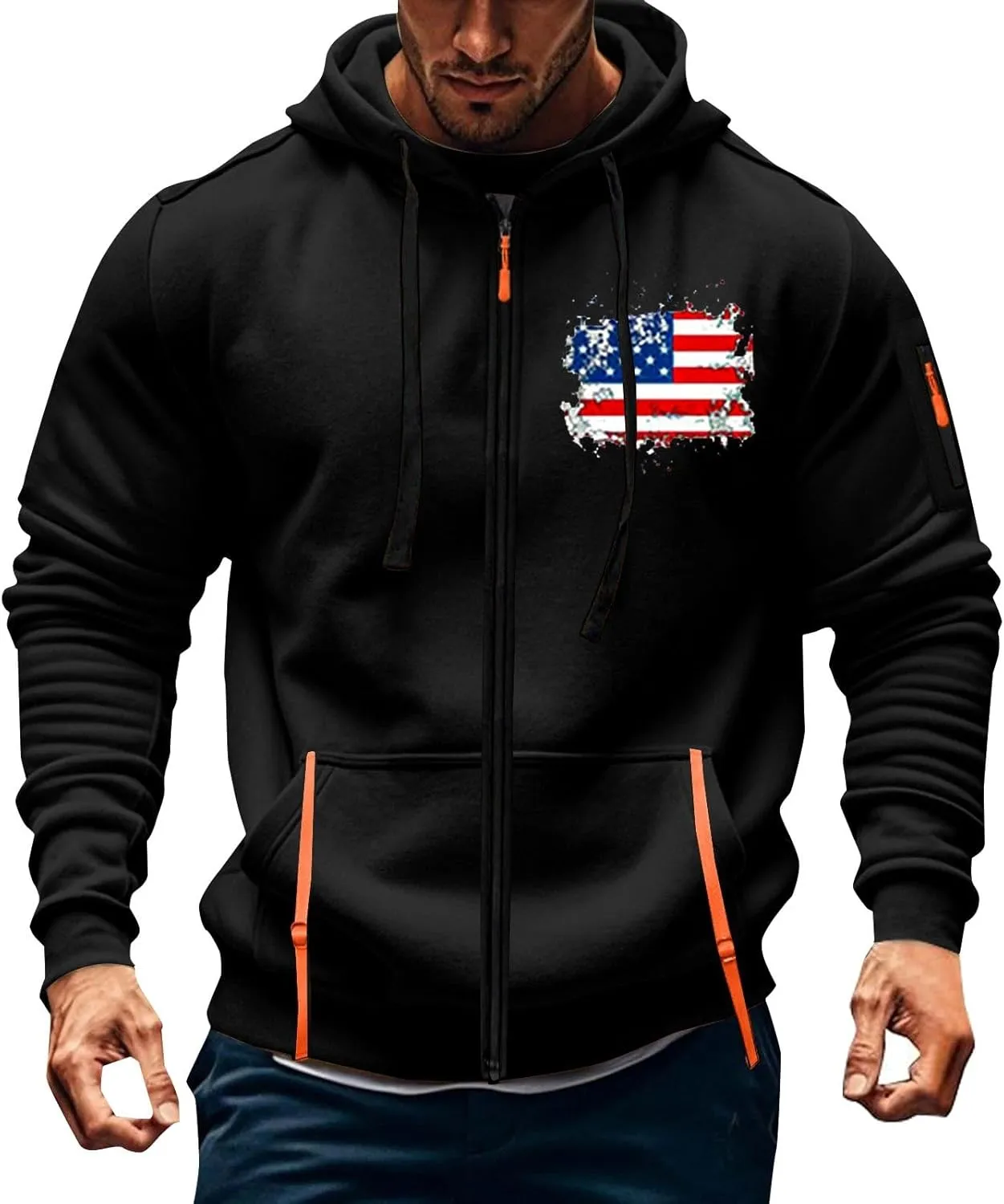 Mens Full Zip American Flag Print Hoodie Casual Long Sleeve Drawstring Shirt Comfy Patriotic Sweatshirts with Pockets