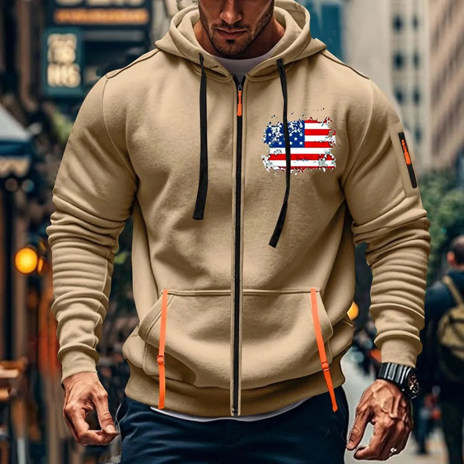 Mens Full Zip American Flag Print Hoodie Casual Long Sleeve Drawstring Shirt Comfy Patriotic Sweatshirts with Pockets