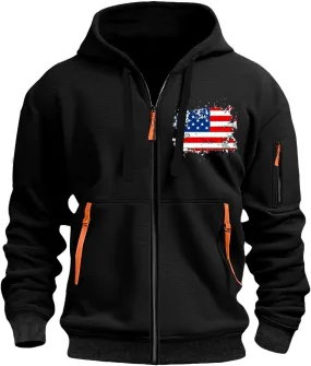 Mens Full Zip American Flag Print Hoodie Casual Long Sleeve Drawstring Shirt Comfy Patriotic Sweatshirts with Pockets