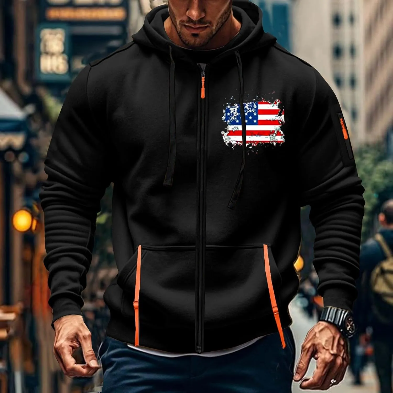 Mens Full Zip American Flag Print Hoodie Casual Long Sleeve Drawstring Shirt Comfy Patriotic Sweatshirts with Pockets