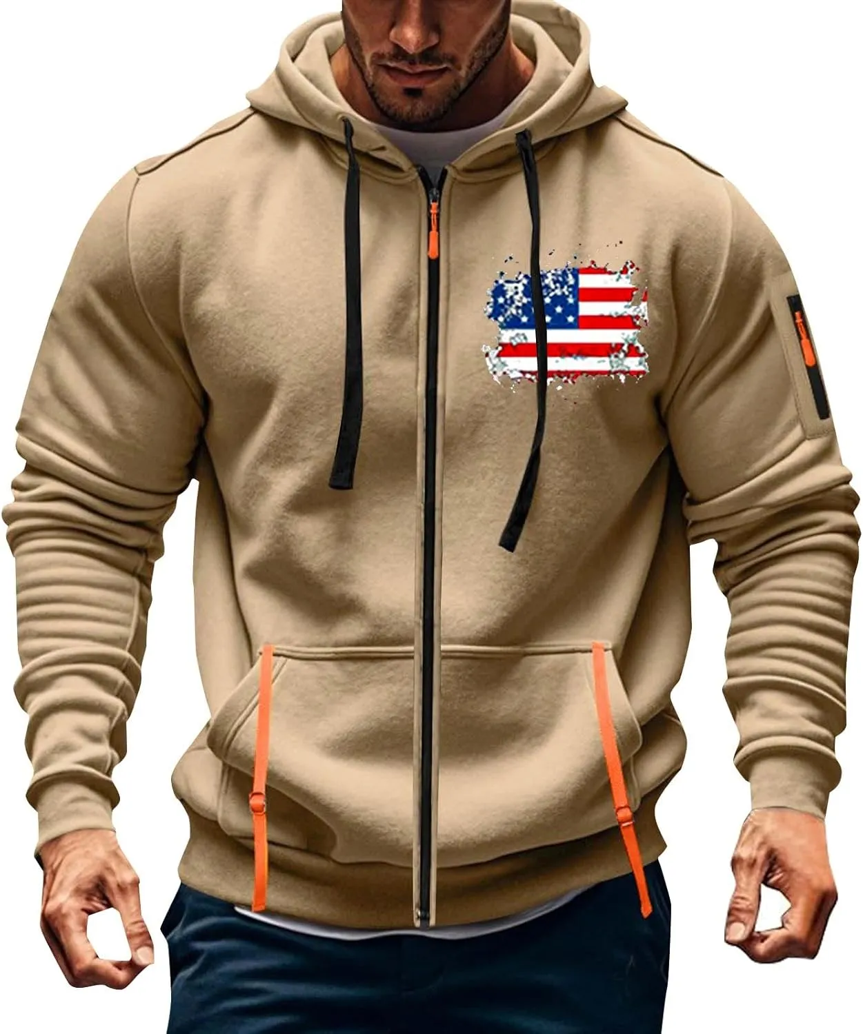 Mens Full Zip American Flag Print Hoodie Casual Long Sleeve Drawstring Shirt Comfy Patriotic Sweatshirts with Pockets