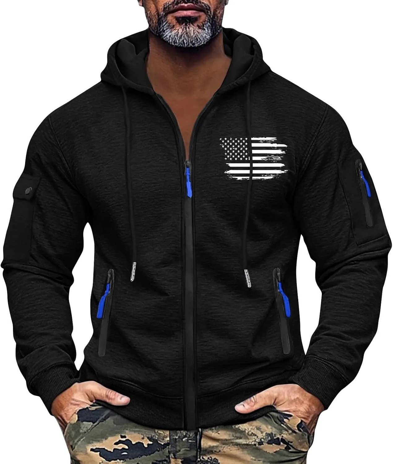 Men's Full Zip American Flag Print Hoodies Casual Long Sleeve Drawstring Shirt Winter Patriotic Sweatshirt with Pockets