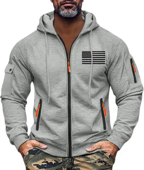 Men's Full Zip USA Flag Print Hoodies Outdoor Long Sleeve Drawstring Shirts Tactical Patriotic Sweatshirt with Pockets