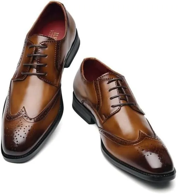 Men's Genuine Leather Hand Stitched DressComf Ortable Walking Loafers Business Casual Dress Walking Shoes Vintage Leather Brogue Wingtip Oxfords Adjustable Lacing Derby Shoes