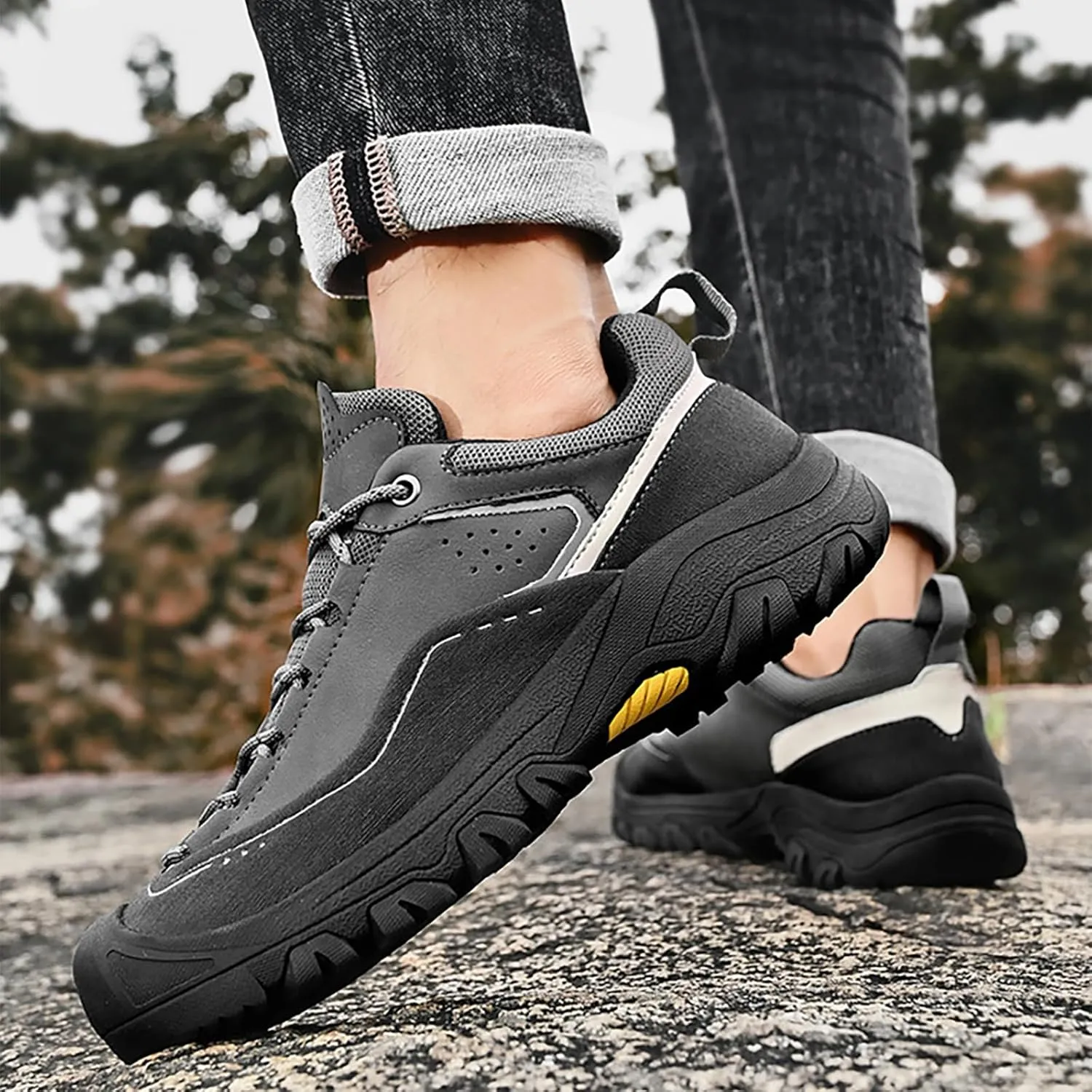 Men's Genuine Leather Waterproof Hiking Shoes Outdoor Lightweight Breathable Trekking Trails Shoes Casual Non-Slip Sneakers