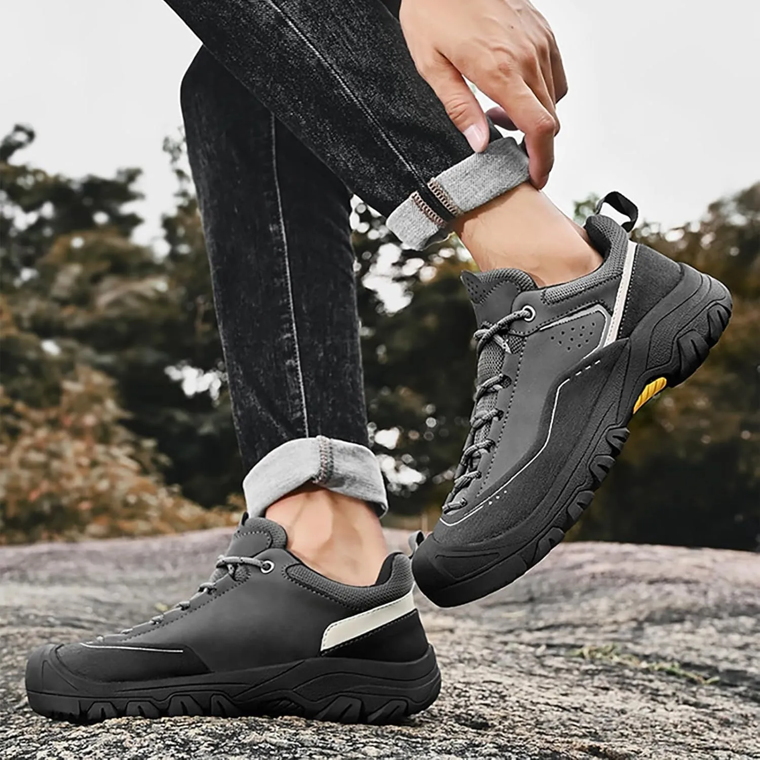 Men's Genuine Leather Waterproof Hiking Shoes Outdoor Lightweight Breathable Trekking Trails Shoes Casual Non-Slip Sneakers