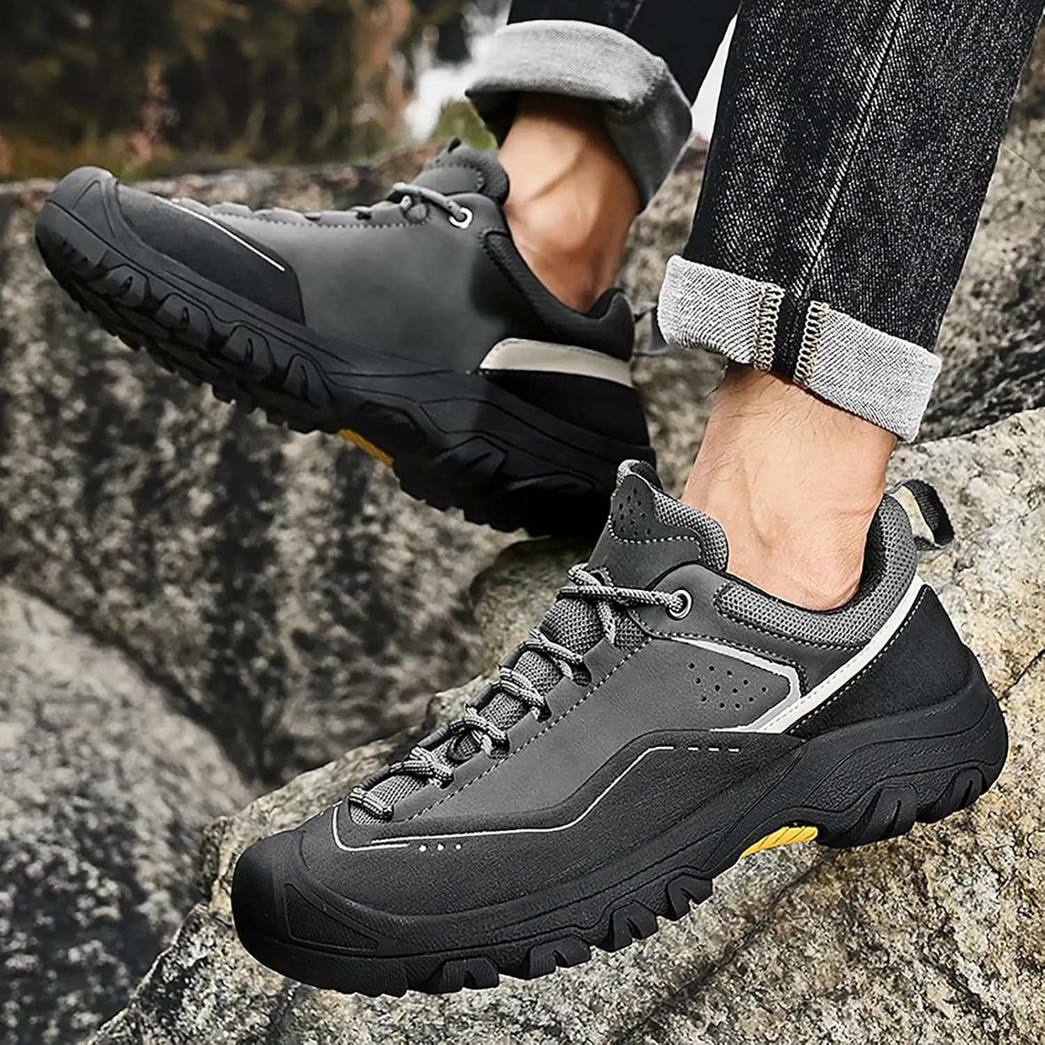 Men's Genuine Leather Waterproof Hiking Shoes Outdoor Lightweight Breathable Trekking Trails Shoes Casual Non-Slip Sneakers