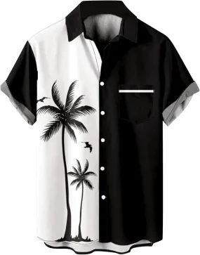 Men's Hawaiian Shirts Short Sleeve Beach Sun Coconut Tree Graphic Button Down Shirt Summer Linen Casual Collar Tops