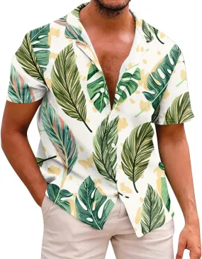 Mens Hawaiian T-Shirts 2025 Summer Short Sleeve Casual Button Down Tropical Beach Shirt Vacation Palm Beach Shirts