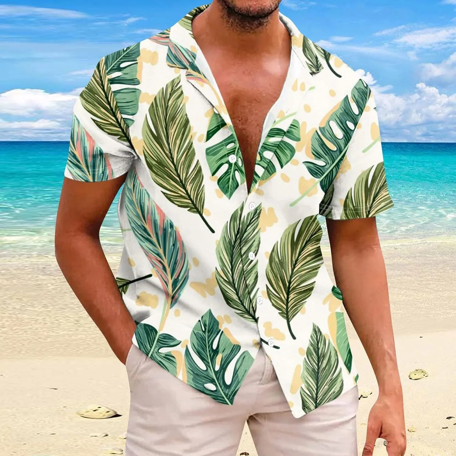 Mens Hawaiian T-Shirts 2025 Summer Short Sleeve Casual Button Down Tropical Beach Shirt Vacation Palm Beach Shirts