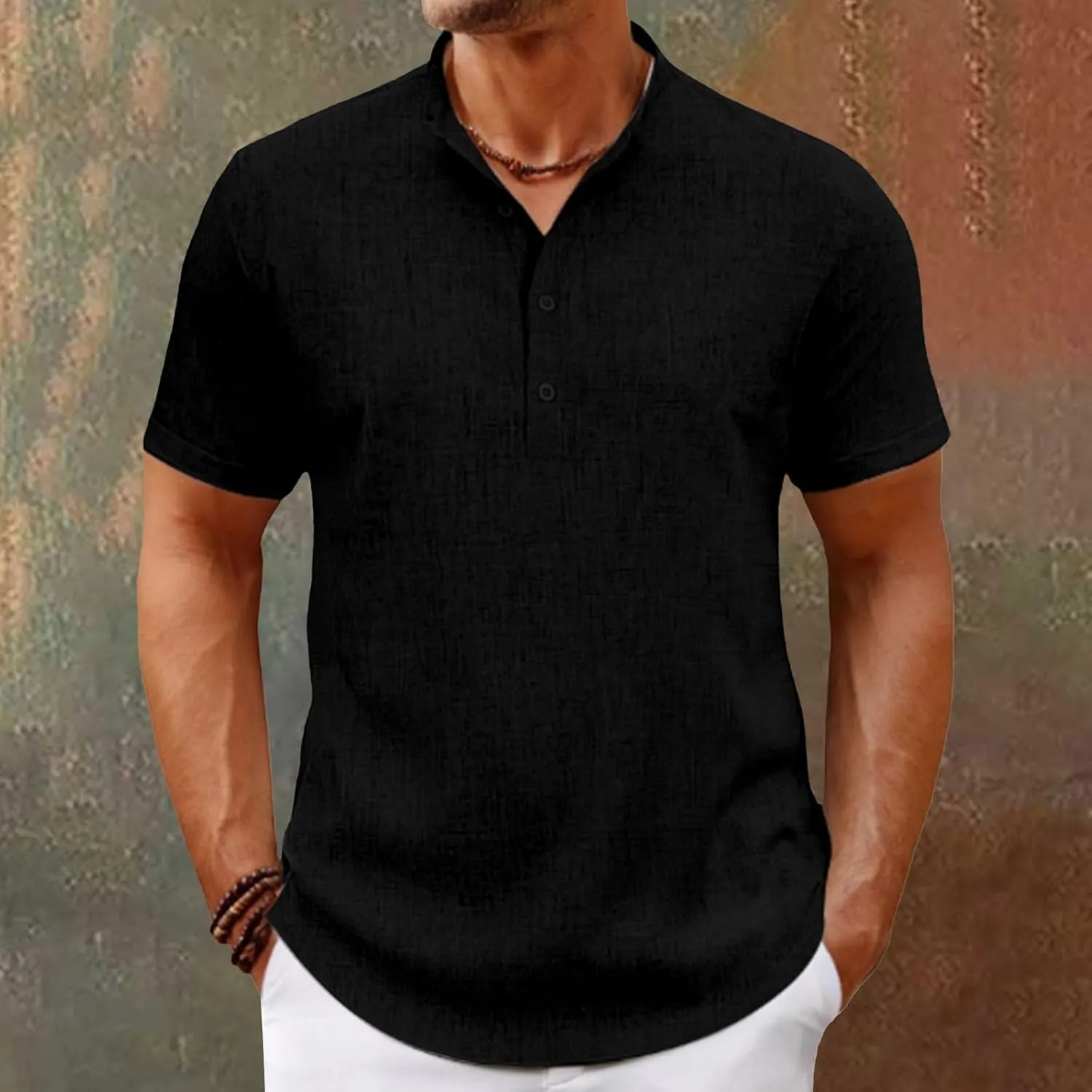 Men's Henley Shirts Linen Summer Short Sleeve Beach Tee Shirt Lightweight Solid Color Stand Collar Dress Work T-Shirts