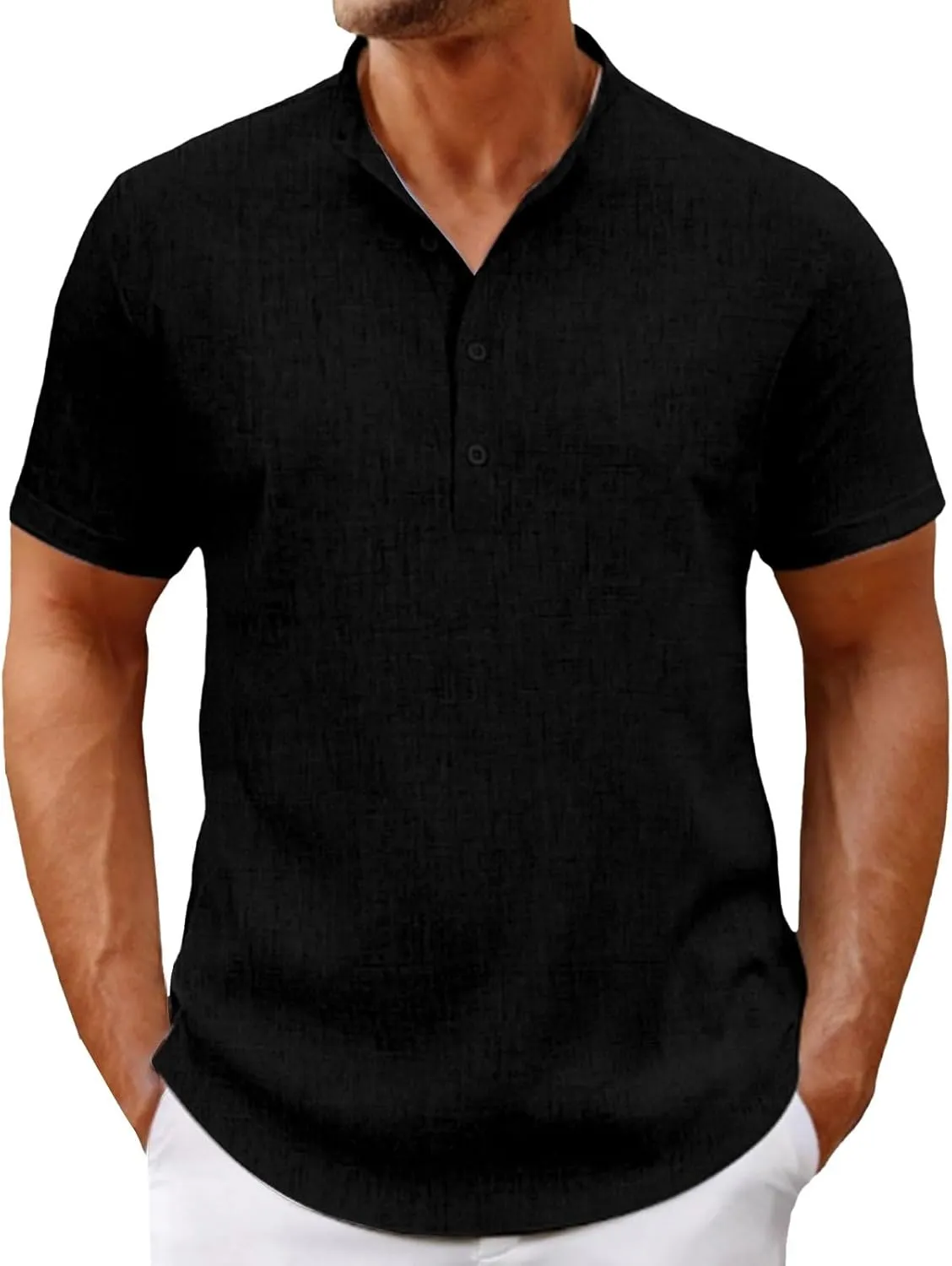 Men's Henley Shirts Linen Summer Short Sleeve Beach Tee Shirt Lightweight Solid Color Stand Collar Dress Work T-Shirts