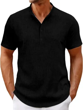 Men's Henley Shirts Linen Summer Short Sleeve Beach Tee Shirt Lightweight Solid Color Stand Collar Dress Work T-Shirts