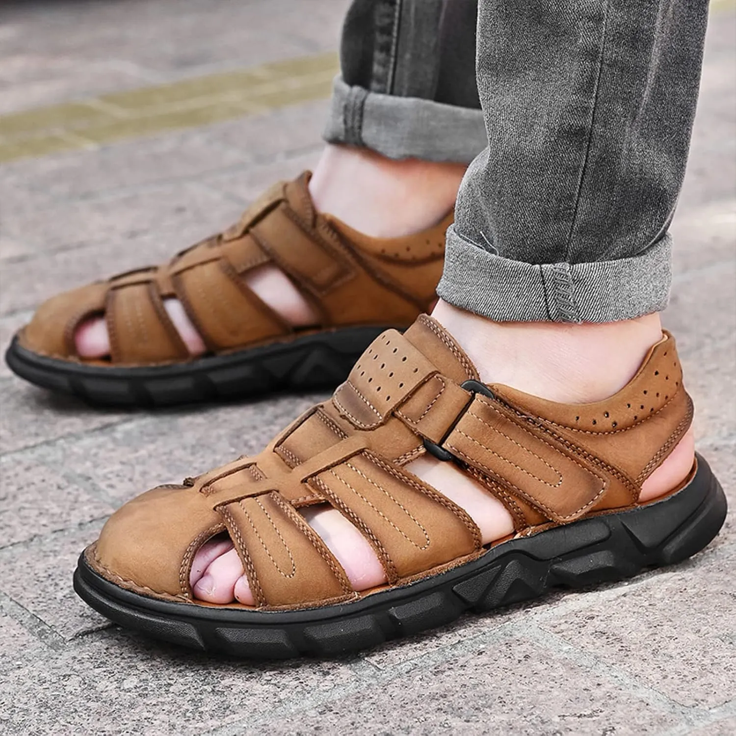 Mens Hiking Sandals, Outdoor Sports Summer Beach Fisherman Water Shoes, Mens Closed Toe Walking Sandals Comfort Breathable Trekking Shoes